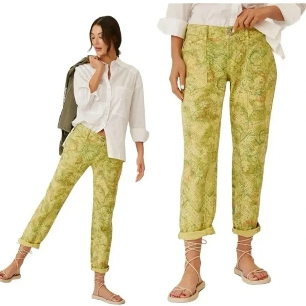 Anthropologie Pilcro Pants Green Floral Print‎ Low Rise The Wanderer Garden 29